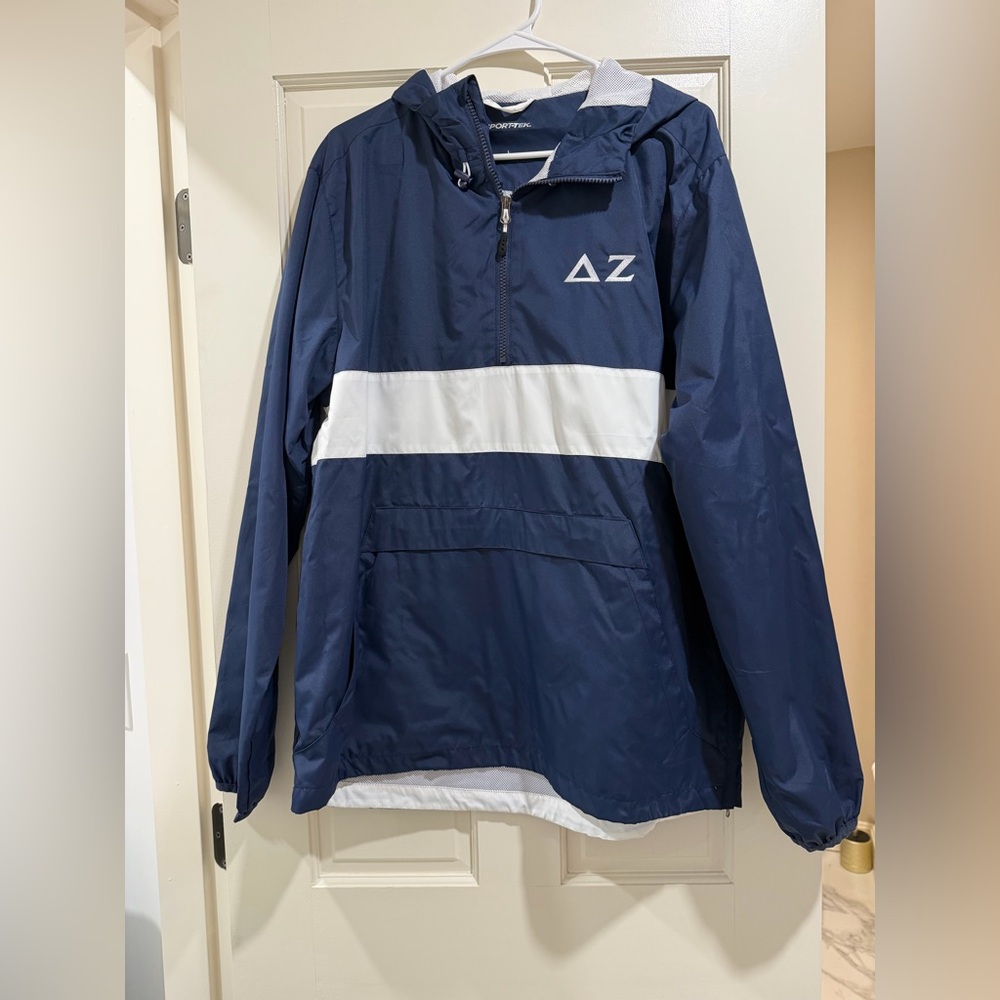 Delta Zeta Navy and White Pullover Rain Jacket